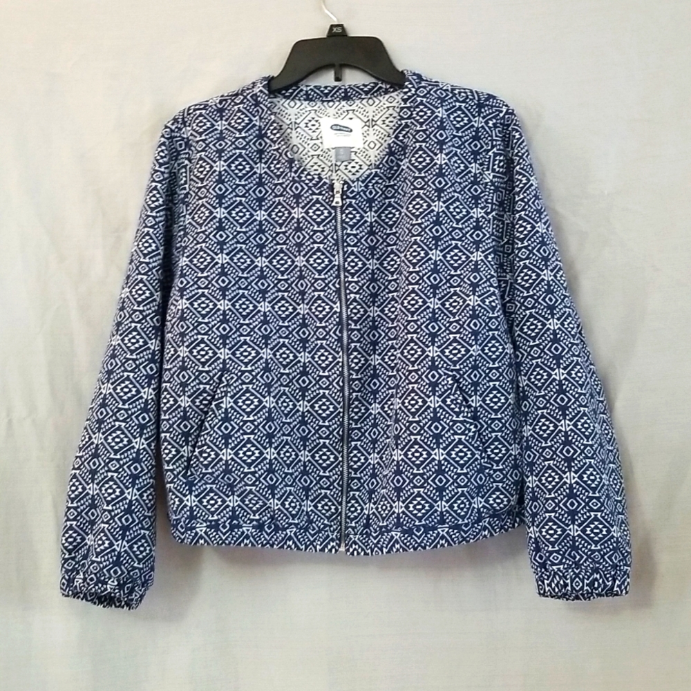 Blue and white printed zip up jacket